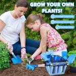 Kids Gardening Tools Set, Toddler Play Kit Child Outdoor Toy with Gloves, Watering Can, Metal Shovel, Rake, Spade & Storage Bag, Backyard Sand Digging Christmas Birthday Gift for Boy Girl 3 4 5 (Blue)