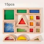 Rainbow Sensory Toys Blocks,15 Pcs Large Wooden Building Blocks for Toddlers Baby Kids,Colorful Geometric Stacking Toys, Preschool Educational Toy Set