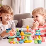 OESSUF Stacking Rocks 26Pcs Stacking Blocks Balancing Stones Wooden Building Toys Wood Stone Stacking Game for Toddler Sorting Preschool Educational Montessori Stacking Rocks for Kids