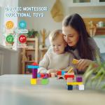 Offelec 50 Pcs Wooden Building Blocks Set with Storage Bucket, Montessori Stacking Blocks & Shape Sorting Toys for Toddlers, Preschool Learning Toys for Boys & Girls, Kids Brightly Colored Blocks