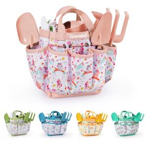 Grenebo Kids Gardening Set Toys, Quality Garden Tool Kit for Kids and Toddlers, Includes Two Shovels, Garden hat,Rake, Apron,Gloves, Watering Can, and Tool Bag (Pink)