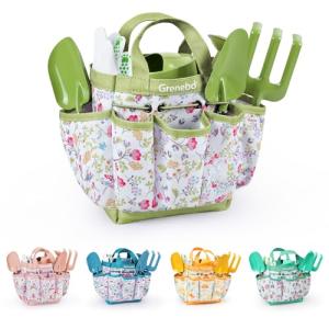 Kids Gardening Set Toys, Quality Garden Tool Kit for Kids and Toddlers, Includes Two Shovels, Garden hat,Rake, Apron,Gloves, Watering Can, and Tool Bag (Green)