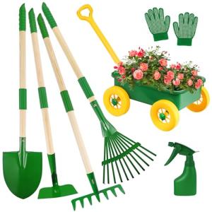 Duckura Kids Gardening Tools Set - 7pcs Wheelbarrow Set Outdoor Toy for Kids with Shovel, Rake, Leaf Rake, Yard Digging Weed Toys, Christmas Birthday Gifts for Boys Girls Age 2 3+Years Old(Yellow)