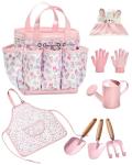 Seedypop Kids Gardening Tool Set Toys - 8 Pieces Quality Garden Kit for Toddlers & Kids with Shovels, Rake, Watering Can, Hat, Apron, Gloves & Storage Bag（Pink）