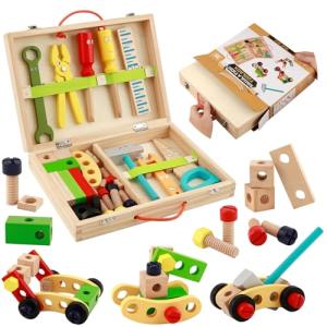 Kids Tool Set Wooden Toddler Play Tools Set with Tool Box, Montessori Educational Learning Toys STEM Construction Building Toy for 3 4 5 6 7 8 Years Old Kids Birthday Gifts for Boys and Girls