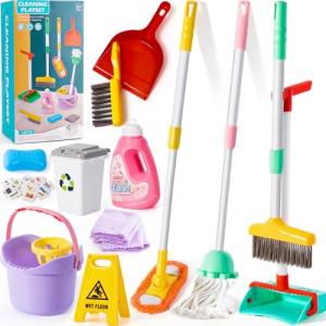 TUZT 14PCS Toddler Kids Cleaning Toy Set, Kids Adjustable Mop Broom & Dustpan Set, House Cleaning Tool Toys for Toddlers 1-3,Montessori Learning Pretend Play Gift for Girl Boy 1-3-5 Year Old Clean Toy