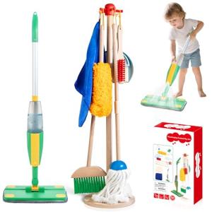 WOODMAM Wooden Kids Cleaning Set with Spray Mop, Montessori Cleaning Toys Real Water Sprayer and Toddler Broom Mop Set, Housework Pretend Play Toy Gift for Boys Girls Ages 3+