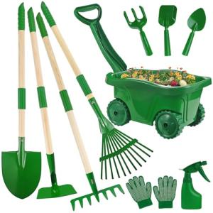 Duckura Kids Gardening Tools Set - 10pcs Wheelbarrow Set for Kids with Shovel, Rake, Leaf Rake, Summer Outdoor Yard Digging Weed Toys, Christmas Birthday Gifts for Boys Girls Age 2 3+ Years Old(Green)