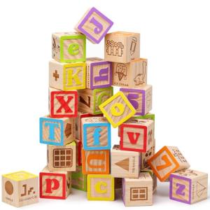 SainSmart Jr. Wooden Alphabet Blocks 1.73 Inch, 30Pcs Building Blocks Including Letters, Numbers and Animals, Montessori Wooden Blocks for Preschool Toddlers