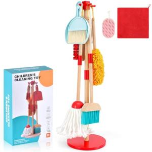 WHOHOLL Wooden Kids Cleaning Toy Set Toddler Broom and Dustpan Set for Housekeeping 9 Pcs Broom and Mop Set for Toddlers 3-5, Baby Cleaning Toys with Sponge, Christmas Birthday Gifts for Boys Girls
