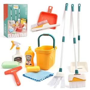 Coolplay 12pcs Mop and Cleaning Toys Set Kids Toddlers Pretend Play Broom Set, Detachable Broom Mop Dustpan for Kids Girl Toys