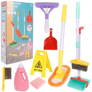 Greyghost Kids Cleaning Toy Set with Adjustable Mop Broom and Dustpan, 14PCS Toddles Cleaning Tool Pretend Play Kits, Early Educational Learning Toys for Baby Boys Girls Birthday