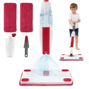 Kids Spray Mop - Fun & Educational Montessori Housekeeping Toys Mini Size Cleaning Set Includes Kids Mop with Real Water Sprayer Washable Microfiber Pads & Scraper