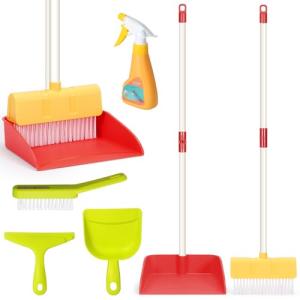 Kids Cleaning Toy Set Toddlers Broom Dust Pan Set for Housekeeping Pretend Play Cleaning Set, Cleaning Toys Gift for Toddlers Girls Boys Age 3-6 Years Old (6PCS - Red Set)