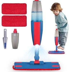 Kids Spray Mop Real with Sprayer + 2PCS Mop Pads, Toddler Cleaning Tool Real Works for Realistic Housekeeping Cleaner Pretend Play Toys Montessori Mini Mop & Sweeper for Kids Aged 3+