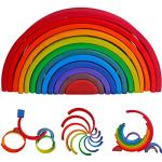 Dinhon Wooden Rainbow Stacking Toys, 12 Pcs Wood Building Blocks Set Wooden Building Blocks Nesting Puzzles, Early Matching Educational Learning Montessori Toys for Kids 3 4 5 6 Years and Up