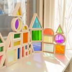 WOODENFUN Wood Building Blocks Set for Kids, 32 Pcs Rainbow Stacker Stacking Game Construction Toys Set Preschool Colorful Learning Educational Toys, Geometry Wooden Blocks for Boys Girls