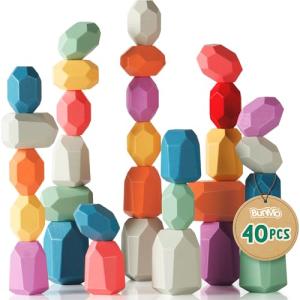 BUNMO 40pcs Wooden Stacking Toys - Montessori Educational Blocks for Toddlers, Non-Toxic, Safe, and Durable for Kids’ Creative Play and Learning