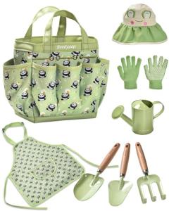 Seedypop Kids Gardening Tool Set Toys - 8 Pieces Quality Garden Kit for Toddlers & Kids with Shovels, Rake, Watering Can, Hat, Apron, Gloves & Storage Bag (Green)