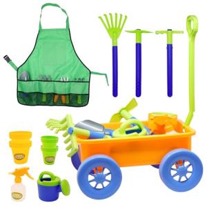4E's Novelty 15 Piece Gardening Tools & Wagon Toy Set with Plastic Wheelbarrow, Apron, STEM Pretend Play Outdoor Toy for Toddlers Kids Boys Girls