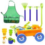 4E's Novelty 15 Piece Gardening Tools & Wagon Toy Set with Plastic Wheelbarrow, Apron, STEM Pretend Play Outdoor Toy for Toddlers Kids Boys Girls