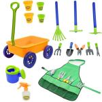 4E's Novelty 15 Piece Gardening Tools & Wagon Toy Set with Plastic Wheelbarrow, Apron, STEM Pretend Play Outdoor Toy for Toddlers Kids Boys Girls
