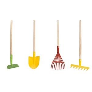 HEY! PLAY! Kids Gardening Set – 4-Piece Mini Garden Tools with Wood Handles – Child-Sized Shovel, Rake, Hoe, and Tined Hoe – Outdoor Toys for Children