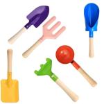 6 PCS 8" Kids Gardening Tools, Metal Beach Sandbox Digging Toys with Sturdy Wooden Handle, Safe Backyard Snow Sensory Playset Including Cylinder, Spoon, Fork, Rake, Flat & Pointed Shovels for Children