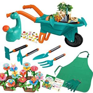 Qtioucp 16Pcs Kids Gardening Tools Outdoor Toys Set Backyard Play with 93 PCS DIY Flower Garden Building Preschool Activities (Green)