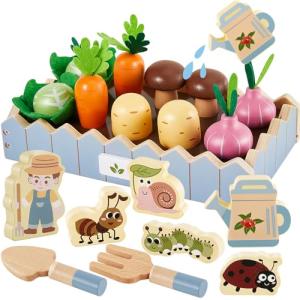 HERSITY Wooden Play Food Set Vegetable Garden Toy Carrot Harvest Game, Pretend Play Plants Toys for Toddlers Girls Boys 3 4 5 Year Old Gifts Educational, Blue