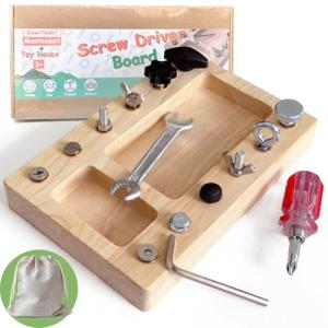 Montessori Screwdriver Board Set, Real 17 Pcs & 12 Holes Fine Motor Skills 3 4 5 +Kids Patience Basic Life Skill Educational Wooden STEM Toys for Toddler Preschool Materials Busy Sensory Tools