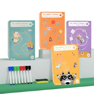 Montessori Preschool Workbooks Set for Kids Ages 3-6 | 4 Pack Reusable Tracing Books with Dry-Erase Markers | Alphabet Writing Practice, Pen Control Training for Kindergarten & Homeschool Learning