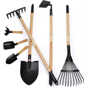 CHEERBANK 7PCS Kids Gardening Tools, Long Shovel, Rake for Leaves, Spade, Hoe, Steel Heads & Real Wood Handle, Yard Tools for Children Toddlers Gifts