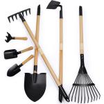 CHEERBANK 7PCS Kids Gardening Tools, Long Shovel, Rake for Leaves, Spade, Hoe, Steel Heads & Real Wood Handle, Yard Tools for Children Toddlers Gifts