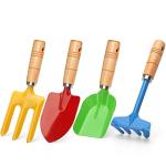 Anzmtosn Kids Metal Garden Tool Set Sand Toy, Rake, Spade, Hoe and Leaf Rake, Beach Shovels Scoop Toy, Essential Toddler Sandbox Kit Beach Gear Accessories Outdoor Gardening, 4 Pack