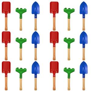 Tarpop 18 Pcs Kids Gardening Tools Set, Metal Kids Yard Tools with Sturdy Wooden Handle Safe Children Beach Sandbox Toy Sand Play Kit for Flower Soil Planting Loosening Digging, Trowel, Rake, Shovel