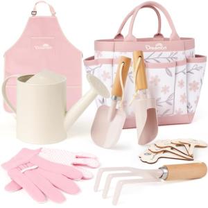 Dreamon Gardening Set Toys for Kids, Quality Garden Tool Kit Includes Tote Bag, Apron, Gloves, Shovel, Rake, Cultivator, Watering Can, STEM Learning Outdoor Gifts for Kids Toddlers (Pink)