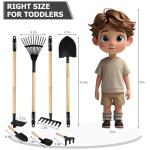CHEERBANK 7PCS Kids Gardening Tools, Long Shovel, Rake for Leaves, Spade, Hoe, Steel Heads & Real Wood Handle, Yard Tools for Children Toddlers Gifts
