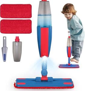 Kids Spray Mop Real with Sprayer + 2PCS Mop Pads, Toddler Cleaning Tool Real Works for Realistic Housekeeping Cleaner Pretend Play Toys Montessori Mini Mop & Sweeper for Kids Aged 3+