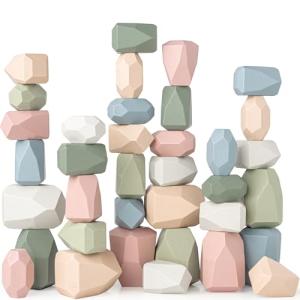 Comfy Cubs Stacking Rocks 36 Pieces, 36 Months+, Educational Toddler Stacking Blocks, Promotes Imagination, Balance & Fine Motor Skills - Wooden Rocks Sensory Toys Gift for Kid, Neutral Pack