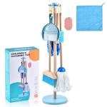 WHOHOLL Wooden Kids Cleaning Toy Set, Montessori Toys for Toddlers 3-5, Housekeeping Play Set Includes Broom Mop Duster Dustpan Sponge and Organizing Stand, Christmas Birthday Gifts for Boys Girls