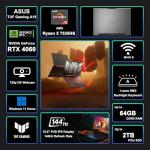 ASUS TUF Gaming A15 Laptop 15.6" FHD 144Hz (100% sRGB) AMD 6-core Ryzen 5 7535HS 64GB RAM 2TB SSD GeForce RTX 4060 (Up to233 AI Tops) RGB Backlit USB4 Win11 ICP Hub