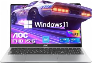 AOC Laptop Computer 15.6" Full HD IPS Display Laptop with N95 Processor(Up to 3.4GHz) Work Laptops 16GB RAM 512GB SSD Laptop Business Computer Light&Thin, Metal Shell, Webcam, Type-C, USB3.2