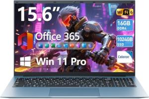 Naclud 15.6 Inch Laptop Computer, Windows 11 Laptops with 16GB RAM 1024GB SSD, Celeron N5100, Office 365, IPS FHD, WiFi 6, 53.2WH Battery, 180° Viewing, HDMI, Cooling Fan, for Business and Students