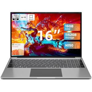 jumper 16 Inch Laptop Computer, 16GB RAM 1TB SSD 128GB ROM, N150 4-Core 3.6GHz Processor, 1200p IPS FHD Display, Office 365 1-Year Subscription, WiFi-6, Mini-HDMI, 38Wh Battery, Cooling System.