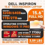 Dell Inspiron 15 3535 Touchscreen Laptop Computer for Business & Student | 15.6" FHD Anti-Glare Touchscreen | AMD Ryzen 7 7730U(8-Core) | 32GB RAM + 1TB SSD | Windows 11 Pro | Copilot | 720p HD Camera