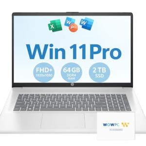HP 2025 New 17 inch Laptop Computer • 64GB RAM • 2TB SSD • AMD Ryzen 5 Processor (6-Cores) • 10-Key Number Pad • Long Battery Life • w/WOWPC Recovery USB • Windows 11 Pro with Microsoft Office