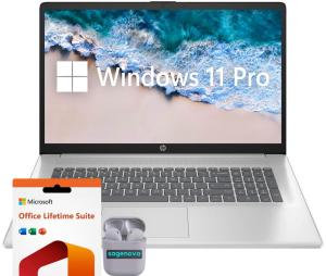 HP Business Laptop Computer, 17.3" FHD IPS LED Laptop 32GB RAM 1TB SSD, AMD Ryzen 5 7430U, Windows 11 Pro Laptop with Microsoft Office Lifetime License, Numeric Keypad, SageNova Earphones, Silver