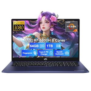 NIMO 17.3" IPS FHD-Gaming-Laptop, 8 Cores AMD Ryzen 7 6800H 64GB DDR5 RAM 1TB SSD (Beat i7-12700H, Up to 4.7GHz) AMD Radeon 680M GPU-Computer with 100W Type-C Backlit Keyboard, Fingerprint