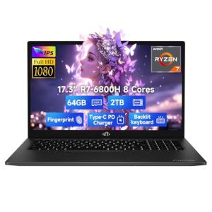 NIMO 17.3" IPS FHD-Gaming-Laptop, 8 Cores AMD Ryzen 7 6800H 64GB DDR5 RAM 2TB SSD (Beat i7-12700H, Up to 4.7GHz) AMD Radeon 680M GPU-Computer with 100W Type-C Backlit Keyboard, Fingerprint